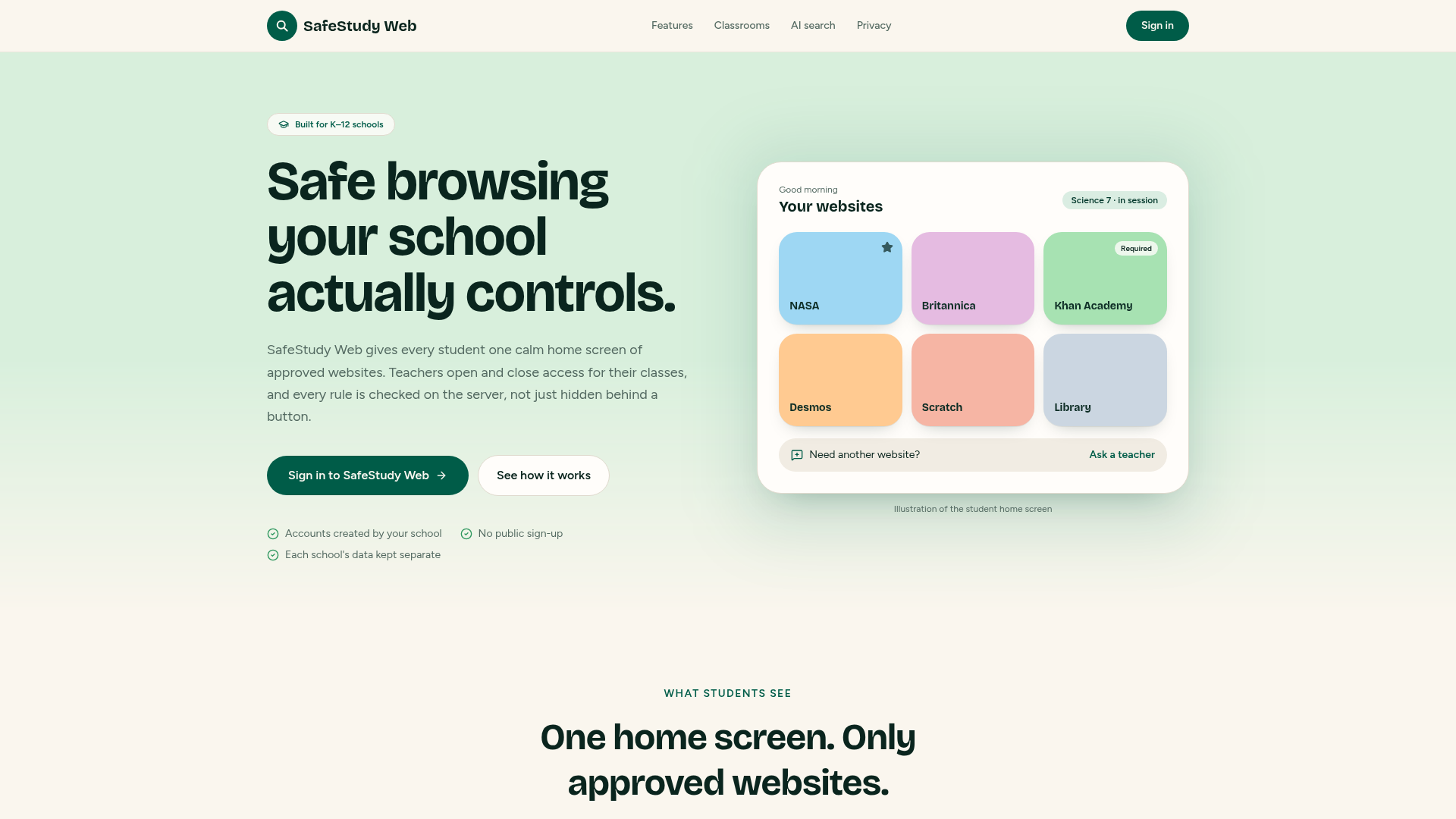 SafeStudy Web public website homepage, including its illustration of the student home screen