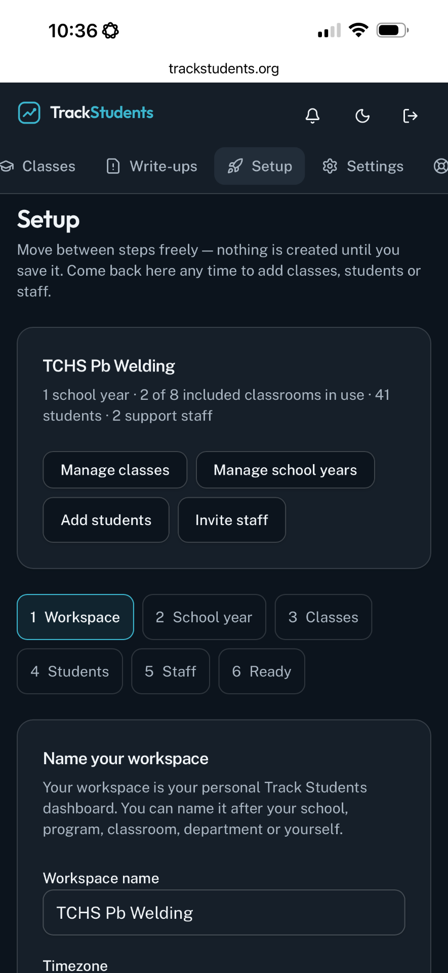 TrackStudents workspace setup screen