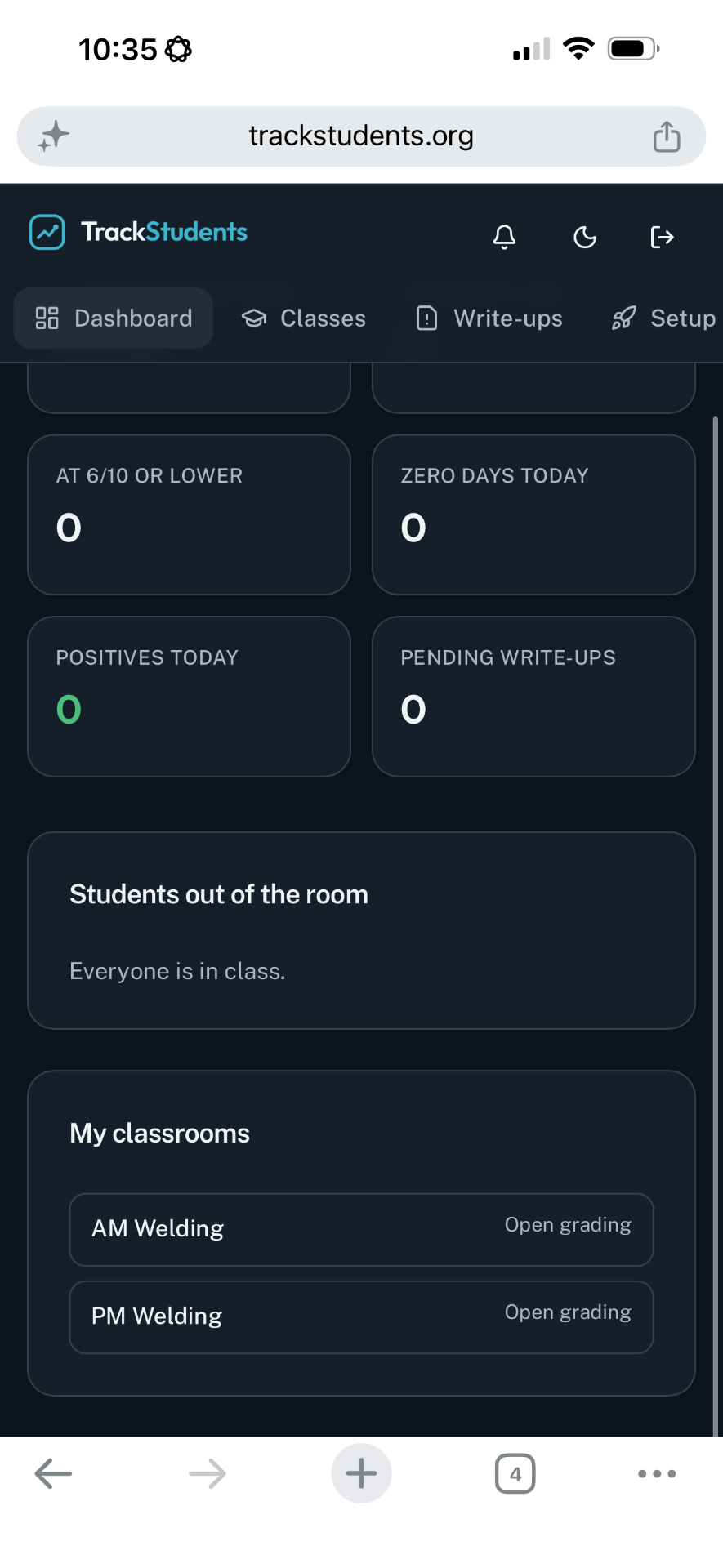 Demo teacher dashboard showing today's classrooms