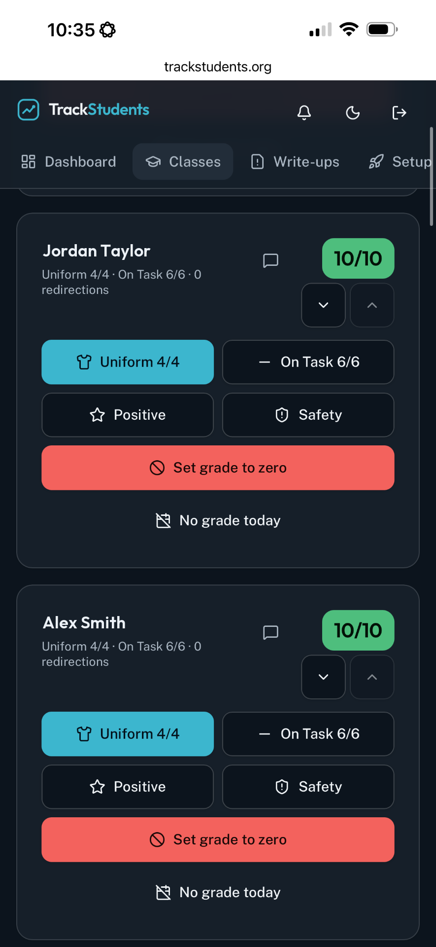 Demo classroom board with every student visible