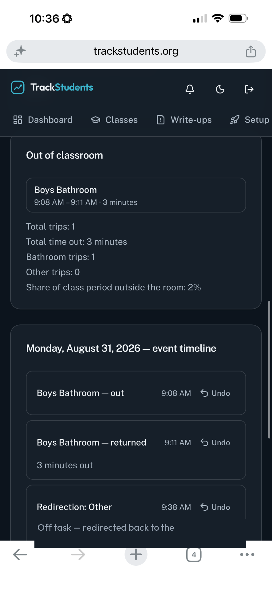 Demo student record with trends and documented moments