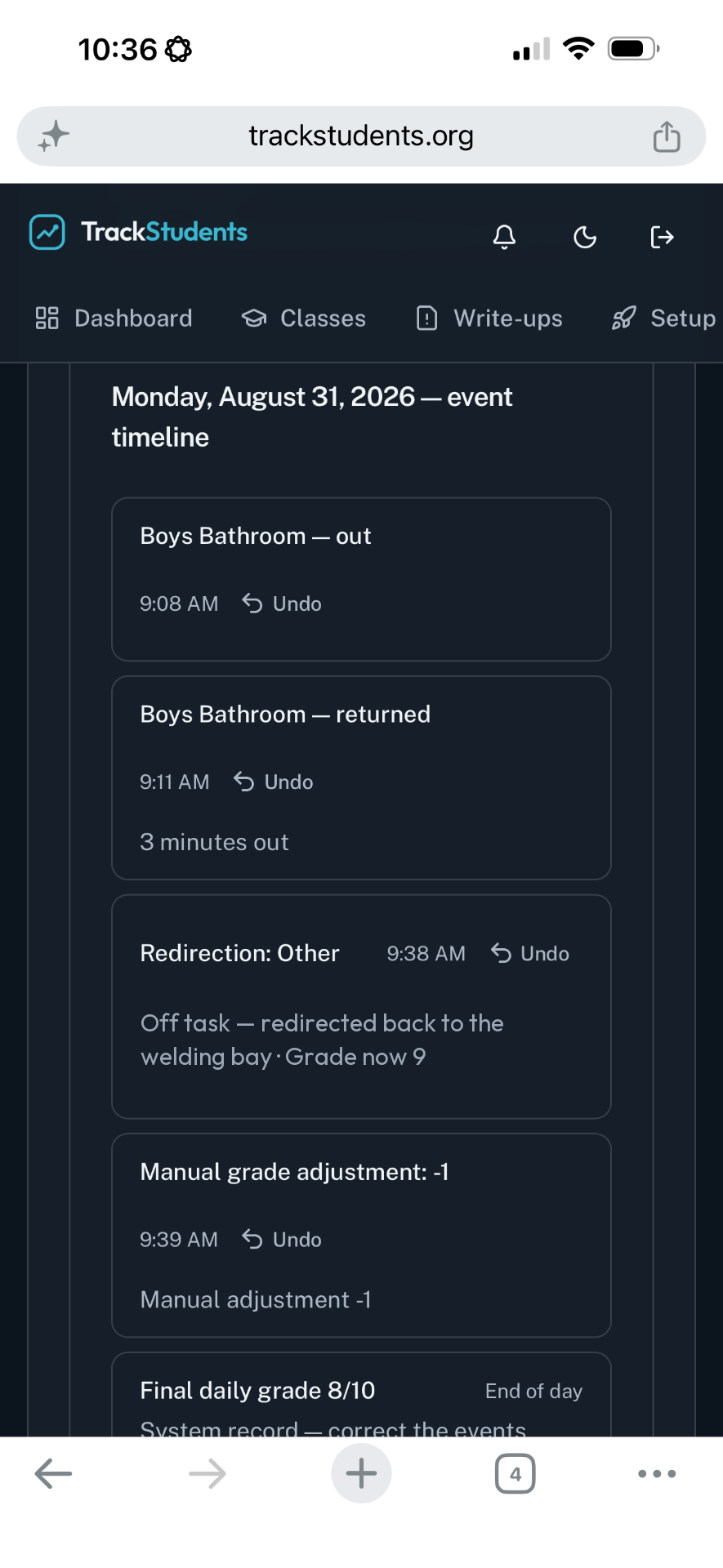 Demo student timeline of documented moments